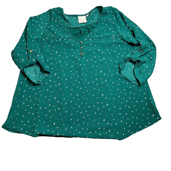 Jaretchung Tops - Jaretchung Blouse Top Womens Size 1X Green Geo Print Long Roll Tab Sleeve V Neck